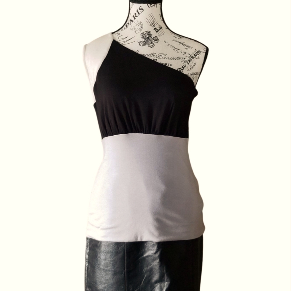 NWT Y2K Lux & Luster Black Grey one shoulder color block tank top two tone